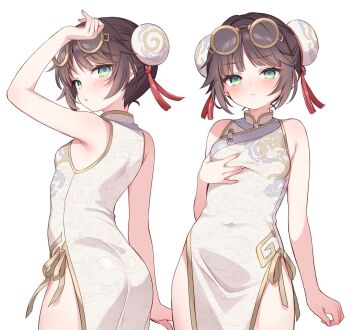 adapted_costume aqua_eyes arm_up armpit_crease armpits ass blush breasts brown_hair bun_cover china_dress chinese_clothes commentary contrapposto cowboy_shot double_bun dress eyewear_on_head gold_ribbon gold_trim grabbing_own_breast hair_bun highres identity_v looking_at_viewer mandarin_collar navel no_pants official_alternate_costume pomilkoic round_eyewear sidelocks small_breasts tassel tracy_reznik tracy_reznik_(dormant_koi) wispy_bangs