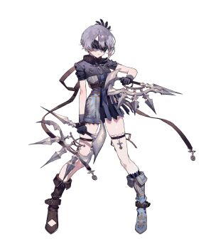 Rule 34 | 1girl, asymmetrical footwear, atelier (series), atelier resleriana, belt, black boots, black collar, black dress, black gloves, black jacket, blue boots, boots, brown belt, closed mouth, collar, covered eyes, dress, expressionless, eye mask, feather hair ornament, feathers, full body, gloves, grey hair, hair ornament, highres, holding, holding weapon, jacket, johanna (atelier), mask, mismatched footwear, noco (adamas), official art, second-party source, short dress, short hair, short sleeves, simple background, solo, standing, thigh strap, weapon, white background