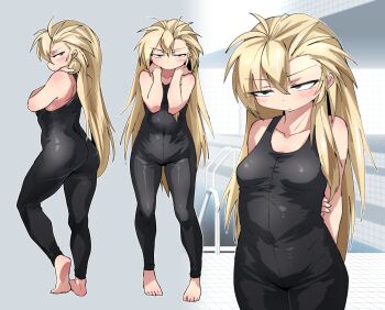 1girl ass barefoot black_bodysuit black_eyes blonde_hair blush bodysuit breasts closed_mouth commentary_request full_body long_hair looking_at_viewer multiple_views original pool poolside shimizu_pem sleeveless sleeveless_bodysuit small_breasts standing