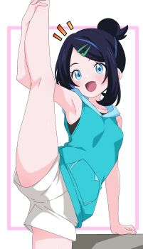 1girl :d absurdres armpits bare_legs black_hair blue_eyes blue_sweater_vest blush hair_bun highres hood hood_down hooded_sweater leg_up liko_(pokemon) multicolored_hair nintendo open_mouth parted_bangs pokemon pokemon_(anime) pokemon_horizons rpca short_shorts shorts smile solo split standing standing_on_one_leg standing_split streaked_hair sweater sweater_vest white_shorts