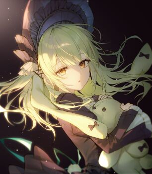 1girl animal_ears arknights bang_dream! bang_dream!_it&#039;s_mygo!!!!! black_background black_bonnet black_bow black_dress bonnet bow dress floating_hair floppy_ears gothic_lolita green_hair highres holding holding_stuffed_toy light_particles lolita_fashion long_hair long_sleeves looking_at_viewer rabbit_ears rabbit_girl sidelocks solo soymilk_arts2 stuffed_animal stuffed_rabbit stuffed_toy upper_body wakaba_mutsumi wakaba_mutsumi_(marionette&#039;s_id) yellow_eyes