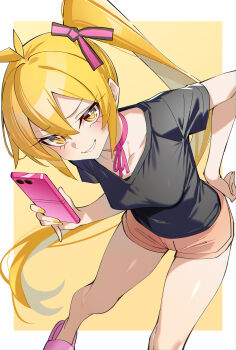 1girl absurdres ahoge akita_neru black_shirt blonde_hair border breasts bright_pupils brown_shorts cellphone choker collarbone commentary double-parted_bangs english_commentary fingernails flop_era_(vocaloid) foot_out_of_frame grin hair_between_eyes hair_ribbon hand_on_own_hip highres holding holding_phone long_hair looking_at_viewer medium_breasts nail_polish outside_border phone pink_choker pink_ribbon pink_slippers ribbon ribbon_choker sandals shirt short_shorts short_sleeves shorts side_ponytail simple_background slippers smartphone smile solo tsunamagu very_long_hair vocaloid white_border white_pupils yellow_background yellow_eyes yellow_nails