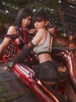 2girls 3d ass black_hair bodysuit breasts brown_eyes commentary cosplay costume_switch crop_top crossover elbow_gloves english_commentary eve_(stellar_blade) eve_(stellar_blade)_(cosplay) final_fantasy final_fantasy_vii final_fantasy_vii_remake fingerless_gloves gloves highres large_breasts long_hair looking_at_viewer multiple_girls patreon_username planet_diving_suit_(7th)_v3_(stellar_blade) ponytail red_bodysuit red_eyes ria_(baka-neearts) seiza sitting smile stellar_blade suspenders tank_top tifa_lockhart tifa_lockhart_(cosplay) very_long_hair