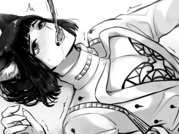 animal_ears black_hair blush bob_cut bruno_bucciarati cat_ears drooling empty_eyes jojo_no_kimyou_na_bouken licking male_focus monochrome saliva sharp_nails stick tattoo tiyi_(tiyi_a09) trembling zipper