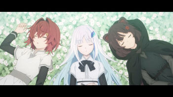 3girls ange_katrina animal_ears anime_screenshot arm_up artist_request belt black_belt black_bow black_bowtie black_cloak black_sleeves blue_hair bow bowtie breasts brown_hair cloak closed_eyes closed_mouth dog_ears dress field flower flower_field from_above grey_belt grey_dress group_picture hair_between_eyes hair_flower hair_intakes hair_ornament highres hood hooded_cloak inui_toko layered_sleeves letterboxed lize_helesta long_hair long_sleeves lying medium_hair multicolored_hair multiple_girls nijisanji official_alternate_costume official_art on_back page_of_lambda parted_lips red_hair sanbaka_(nijisanji) second-party_source short_over_long_sleeves short_sleeves sleeping small_breasts streaked_hair triangle_hair_ornament two-tone_hair very_long_hair virtual_youtuber white_dress white_hair