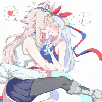 2girls black_pantyhose blue_skirt blue_tank_top blush closed_eyes commentary crop_top english_commentary fang fingerless_gloves gloves heart highres hug kiss long_hair multiple_girls oguri_cap_(umamusume) pants pantyhose pleated_skirt simple_background skin_fang skirt spoken_heart spoken_sweatdrop sweatdrop tamamo_cross_(umamusume) tank_top umamusume umamusume:_cinderella_gray wapi_ww white_background white_gloves white_hair white_pants yuri