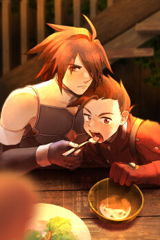 Rule 34 | bowl, brown eyes, brown hair, dovepopopo, eating, elbow gloves, feeding, fingerless gloves, food, gloves, hair between eyes, highres, kratos aurion, lloyd irving, long sleeves, looking at viewer, medium hair, plant, purple gloves, purple shirt, red eyes, red gloves, red hair, red shirt, scarf, shirt, sitting, sleeveless, sleeveless shirt, soup, spoilers, suspenders, table, tales of (series), tales of symphonia, white scarf, wooden table