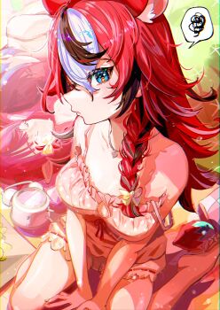 3girls absurdres black_hair blue_eyes blue_hair bra braid breasts clock closed_eyes closed_mouth feet hakos_baelz hakos_baelz_(strawberry_onesie) highres hololive hololive_english holopromise iris_(tb33064667) irys_(hololive) long_hair medium_breasts mr._squeaks_(hakos_baelz) multicolored_hair multiple_girls official_alternate_costume official_alternate_hairstyle ouro_kronii pink_bra pink_hair red_hair sitting speech_bubble spoken_squiggle squiggle streaked_hair underwear virtual_youtuber wariza white_hair