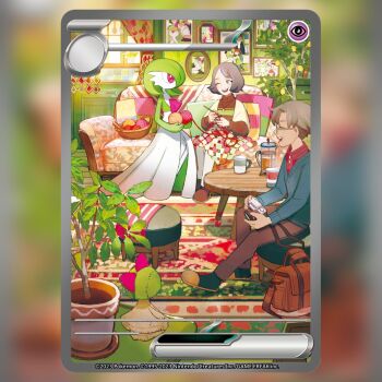 1girl 2girls basket blue_eyes blush brown_bag brown_sweater commentary company_name copyright_name copyright_notice couch crochet crochet_hood cup curtains english_commentary eyelashes gardevoir gen_3_pokemon grey_hair holding_yarn indoors kirlia long_sleeves mug multiple_girls nintendo official_art old old_man old_woman on_couch one_eye_closed open_mouth ottoman_(furniture) photo_(object) picture_frame pillow plant pokemon pokemon_(creature) pokemon_tcg potted_plant ralts rug sasumata_jirou short_hair smile stuffed_toy sweater table teeth textless_version third-party_source upper_teeth_only window yarn yarn_ball