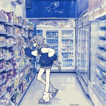 alternate_color animal_ears bag_of_chips baggy_clothes blue_hoodie bottle dog_ears dog_tail fish_hair_ornament full_body hair_ornament hood hoodie indie_virtual_youtuber loose_socks misoyan pixel_art short_hair shorts slippers socks standing supermarket tail treebarkagain water_bottle