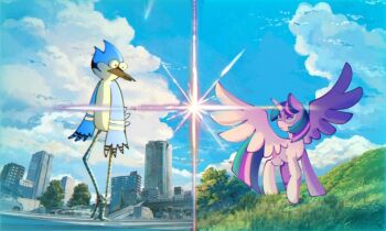 1boy 1girl beak bird city cityscape cloud crossover feathered_wings full_body grass horns kimi_no_na_wa. meme mordecai_(regular_show) mordetwi_(meme) multicolored_hair my_little_pony my_little_pony:_friendship_is_magic outdoors parody photo-referenced pony_(animal) purple_hair regular_show single_horn sky standing streaked_hair twilight_sparkle winged_unicorn wings