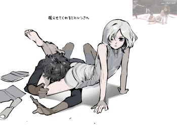 Rule 34 | 2boys, absurdres, androgynous, bags under eyes, black eyes, black hair, curly hair, dark-skinned male, dark elf, dark skin, dungeon meshi, elf, gapamopa, grey hair, head between thighs, highres, holding, kabru, lazy eye, long sleeves, male focus, mithrun, multiple boys, pointy ears, reference inset, scissorhold, short hair, tokyo joshi pro wrestling, wavy hair, wrestling