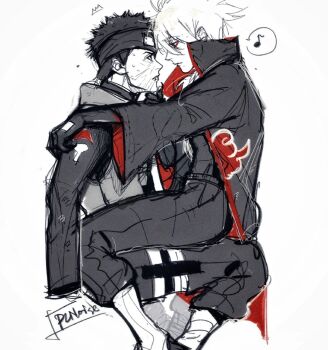 2boys akatsuki_(naruto) akatsuki_uniform alternate_universe black_hair gloves grey_hair hatake_kakashi male_focus mi_lu_zaosheng mole mole_under_mouth multiple_boys musical_note naruto_(series) naruto_shippuuden scar scar_on_face sitting sitting_on_lap sitting_on_person spiked_hair spoken_musical_note sweatdrop uchiha_obito yaoi