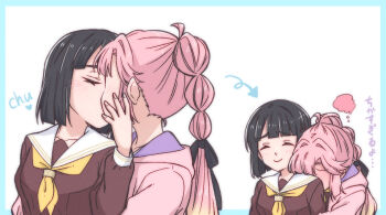 2girls ^_^ anyoji_hime arrow_(symbol) black_hair black_ribbon blunt_bangs blunt_ends blunt_sidelocks brown_dress check_commentary closed_eyes closed_mouth commentary_request donpa dress flustered hair_intakes hair_ribbon hasu_no_sora_school_uniform head_on_another's_shoulder head_steam highres hood hooded_jacket jacket kiss link!_like!_love_live! long_hair long_sleeves love_live! momose_ginko multi-tied_hair multiple_girls neckerchief open_clothes open_jacket pink_hair pink_jacket ponytail ribbon sailor_collar sailor_dress school_uniform sequential short_hair sidelocks simple_background smile split_mouth translation_request virtual_youtuber white_background white_sailor_collar winter_uniform yellow_neckerchief yuri