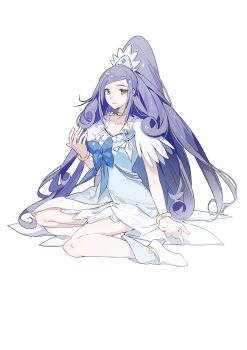 1girl absurdres bare_arms bare_legs blue_bow blue_dress blue_eyes blue_hair bow bracelet brooch closed_mouth commentary_request cure_diamond curly_hair dokidoki!_precure dress full_body heart heart_brooch high_ponytail highres hishikawa_rikka jewelry long_hair looking_at_viewer morgue_(southsakura) ponytail precure shoes simple_background sitting solo wariza white_background white_shoes