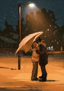 2boys angel_devil_(chainsaw_man) angel_wings black_coat black_gloves black_hair black_shoes chainsaw_man coat commentary english_commentary gloves grey_hoodie grey_pants grey_scarf hamrikaa hayakawa_aki highres hood hood_down hoodie house lamppost long_sleeves looking_at_another male_focus multiple_boys night night_sky outdoors pants parted_hair ponytail red_hair scarf shoes short_ponytail sky standing tree white_wings wings winter winter_clothes yaoi