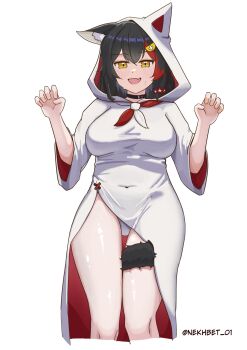1girl animal_ear_fluff animal_ears black_hair blush breasts colored_inner_hair cropped_legs ghost_costume hair_between_eyes hair_ornament hairpin highres hololive hololive_gamers looking_at_viewer multicolored_hair nekhbet_01 ookami_mio open_mouth panties smile solo tail_around_own_leg thighs underwear virtual_youtuber white_background white_panties wolf_ears wolf_girl yellow_eyes