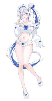 1girl absurdres aokumo_rin bare_legs bare_shoulders blue_eyes blue_hair bow bowtie breasts colored_eyelashes commentary crop_top frilled_shirt frills full_body gurami_(zangizarang) hand_up highres large_breasts long_hair long_sleeves looking_at_viewer midriff multicolored_hair navel off_shoulder open_mouth shirt side_ponytail simple_background slippers smile solo stellive stomach streaked_hair symbol-only_commentary thighs two-tone_hair very_long_hair virtual_youtuber white_background white_eyelashes white_hair white_shirt