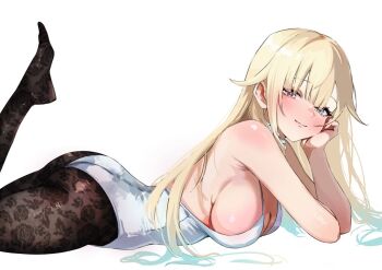 1girl aizawa_ema aqua_hair ass bare_shoulders black_pantyhose blonde_hair blue_eyes blush breasts cleavage closed_mouth commentary eno3_3ki8 floral_print floral_print_pantyhose gradient_hair large_breasts long_hair looking_at_viewer lying multicolored_hair on_stomach pantyhose print_pantyhose simple_background smile solo thighs two-tone_hair virtual_youtuber vspo! white_background white_loincloth