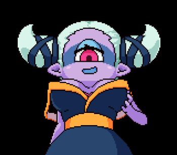 1girl akai_(ugokashitari) animated animated_gif blinking bouncing_breasts breasts colored_skin cyclops female_focus from_below fuumin_(youkai_watch) large_breasts looking_at_viewer monster_girl one-eyed pink_eyes pixel_art pointy_ears purple_skin solo traditional_youkai transparent_background youkai_watch