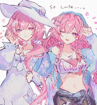 2girls ;o blue_hat blue_jacket breasts clothes_writing commentary_request crop_top cyrene_(honkai:_star_rail) cyrene_(nylon_japan)_(honkai:_star_rail) cyrene_(ripples_of_past_reverie)_(honkai:_star_rail) diamond-shaped_pupils diamond_(shape) dress dual_persona hat highres honkai:_star_rail honkai_(series) jacket large_breasts long_hair looking_at_viewer midriff multiple_girls navel nonoko_(1k6sx1encx45226) official_alternate_costume one_eye_closed pink_hair pointy_ears purple_eyes simple_background smile sun_hat symbol-shaped_pupils very_long_hair white_background white_dress white_hat