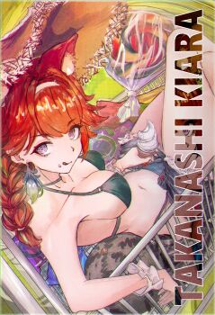1girl :q absurdres akiyama_kou animal_ear_fluff animal_ears aqua_bikini bikini bikini_bottom_under_shorts bikini_under_clothes blue_shorts braid breasts cat_ears character_name earrings feather_earrings feathers food food_on_face food_packaging from_above green_hair hair_flaps hairband hat highres holding holding_food holding_ice_cream hololive hololive_english ice_cream ice_cream_cone ice_cream_on_face in_shopping_cart jewelry licking_lips long_hair looking_at_viewer low_twin_braids low_twintails medium_breasts multicolored_hair navel official_alternate_costume official_alternate_hairstyle orange_hair paid_reward_available psd_available purple_eyes revision shopping_cart shorts soft_serve solo straw_hat streaked_hair sun_hat swept_bangs swimsuit takanashi_kiara takanashi_kiara_(casual) tongue tongue_out twin_braids twintails unbuttoned v-shaped_eyebrows virtual_youtuber white_hairband