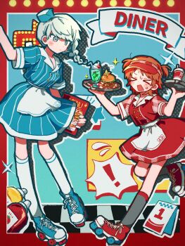 ! >_< 2boys :< apron black_socks blue_dress blue_hat blue_shoes blush border braid burger checkered_floor closed_mouth commentary_request cross-laced_shoes crossdressing crossdressing_(mtf) diner dress drink drop_shadow embarrassed english_text food full_body grey_eyes grey_hair hanamura_yousuke hands_up hat highres holding holding_menu holding_tray huksan0615 kneehighs long_hair looking_at_another male_focus menu multiple_boys narukami_yu neon_sign open_mouth orange_hair outside_border persona persona_4 red_border red_dress red_shoes roller_skates shoes short_sleeves short_twintails single_braid skates socks sparkle sweat tray twintails waist_apron waiter white_apron white_socks