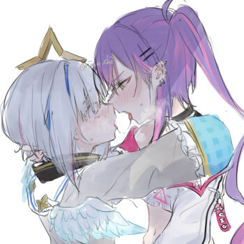 Rule 34 | 2girls, absurdres, after kiss, amane kanata, blue eyes, blue hair, blush, ear piercing, from side, green eyes, grey hair, hair ornament, hairclip, halo, highres, hololive, imu chi, midriff, multicolored hair, multiple girls, navel, piercing, pink hair, purple hair, saliva, saliva trail, short hair, star halo, streaked hair, tokoyami towa, twitter username, virtual youtuber, white background, wings, yuri