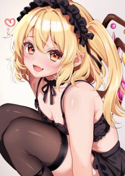 1girl bare_shoulders black_bra black_skirt black_thighhighs blonde_hair bra crystal_wings flandre_scarlet flat_chest heart highres long_hair miniskirt red_eyes shirotsuki_shirone side_ponytail simple_background skirt solo thighhighs touhou underwear white_background wings