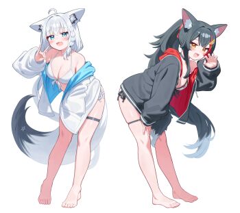 1girl 2girls :3 :d ahoge animal_ear_fluff animal_ear_piercing animal_ears aqua_eyes barefoot bent_over bikini black_choker black_hair black_jacket blue_jacket braid breasts choker claw_pose cleavage commentary_request crossed_bangs deaver double-parted_bangs feet fox_ears fox_girl fox_shadow_puppet fox_tail front-tie_bikini_top front-tie_top full_body hair_between_eyes hair_ornament hairclip halterneck hand_in_pocket hand_up highres hololive hood hooded_jacket jacket leaf_print leaning_forward long_hair looking_at_viewer low_ponytail medium_breasts multicolored_hair multiple_girls official_alternate_costume official_alternate_hairstyle ookami_mio ookami_mio_(hololive_summer_2019) open_clothes open_jacket open_mouth pentagram ponytail print_bikini red_hair shirakami_fubuki side-tie_bikini_bottom side_braid sidelocks simple_background single_braid smile spiked_hair streaked_hair swimsuit symmetrical_pose tail tail_around_own_leg thigh_strap two-sided_fabric two-sided_jacket very_long_hair virtual_youtuber white_background white_bikini white_hair white_jacket wolf_ears wolf_girl wolf_tail yellow_eyes