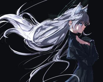 Rule 34 | 1girl, ahoge, animal ear fluff, animal ears, black background, black choker, black dress, blue archive, blue eyes, breasts, choker, dress, extra ears, facing to the side, from side, grey hair, halo, hand on own chest, hanozuku, highres, large breasts, long hair, nose, shiroko (blue archive), shiroko terror (blue archive), solo, wolf ears, wolf girl