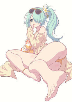 1girl absurdres aqua_hair bikini blue_archive commentary_request eyewear_on_head floral_print floral_print_bikini flower hair_flower hair_ornament hair_over_one_eye highres hiyori_(blue_archive) hiyori_(swimsuit)_(blue_archive) looking_at_viewer mismatched_bikini no_halo official_alternate_costume orange_bikini print_bikini sasakura_momiji side_ponytail simple_background solo sunglasses swimsuit white_background