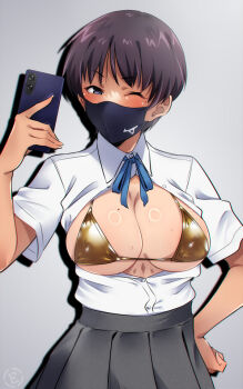 Rule 34 | 1girl, artist logo, bikini, bikini under clothes, black hair, black mask, blue eyes, blue ribbon, blush, breasts, cellphone, cleavage, cowboy shot, dress shirt, em (totsuzen no hakike), gold bikini, grey background, grey skirt, half-closed eye, hand on own hip, holding, holding phone, large breasts, logo, looking at viewer, mask, mizuno (brand), mole, mole on breast, mouth mask, neck ribbon, one eye closed, original, partially unbuttoned, phone, pleated skirt, ribbon, school uniform, shadow, shirt, short sleeves, skirt, smartphone, solo, standing, swimsuit, white shirt, wing collar