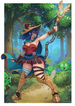 1girl 3boys absurdres armor armored_boots bandaged_arm bandaged_leg bandages belt belt_buckle blue_hair boots breasts buckle bush cape child commentary commission dang_(runescape) duellist's_cap_(tier_6) ed_(edemevas) english_commentary fingerless_gloves forest full_body gladiator glint gloves glowing_hat goblin gold_trim greaves green_belt green_cape green_nails hat highres holding leaf leotard long_hair mage_staff medium_breasts multiple_boys nature old_school_runescape orange_eyes original path poleyn red_leotard red_loincloth road runescape second-party_source smile spiked_ear_piercing staff staff_of_armadyl_(runescape) standing sun_symbol thick_eyebrows tree weapon yellow_eyes