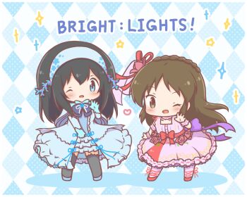 2girls :d ;d argyle_background black_hair black_thighhighs blue_dress blue_eyes blue_gloves blue_hairband blue_shoes blue_sleeves blush braid brown_eyes brown_hair chibi colored_shadow commentary_request crown_braid detached_sleeves dress english_text frilled_dress frills gloves hair_between_eyes hairband idolmaster idolmaster_cinderella_girls long_hair long_sleeves mitarashi_neko multiple_girls one_eye_closed open_mouth pantyhose pink_dress pink_pantyhose red_shoes sagisawa_fumika shadow shoes smile sparkle standing star_(symbol) tachibana_arisu thighhighs very_long_hair wrist_cuffs