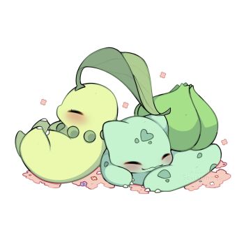 Rule 34 | absurdres, blush, bulbasaur, chikorita, claws, closed eyes, closed mouth, commentary, english commentary, gen 1 pokemon, gen 2 pokemon, heart, highres, leaf, lying, nintendo, no humans, on back, on stomach, pokemon, pokemon (creature), pokemon focus, sevi (seviyummy), smile