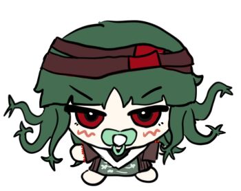 1other aged_down androgynous animal_print annoyed apron baby barefoot black_shirt blunt_bangs brown_hakama brown_headband brown_sleeves butterfly_print chibi detached_sleeves flat_color fringe_trim green_apron green_hair hakama hakama_short_skirt hakama_skirt headband japanese_clothes len'en light_blush long_hair long_sleeves other_focus otogisum3 pacifier para_(len'en) parted_lips print_apron red_eyes shirt simple_background skirt solo split_ends straight-on waist_apron white_background wide_sleeves