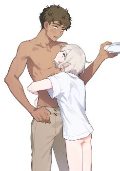 Rule 34 | 2boys, ass peek, bags under eyes, black eyes, black hair, blue eyes, blush, bottomless, cowboy shot, curly hair, dark-skinned male, dark skin, dungeon meshi, elf, grey hair, highres, holding, holding plate, hug, kabru, looking at another, male focus, mchi125, mithrun, multiple boys, nipples, notched ear, open mouth, pants, plate, pointy ears, short hair, simple background, sweatdrop, toned, toned male, topless male, white background, wide-eyed, yaoi