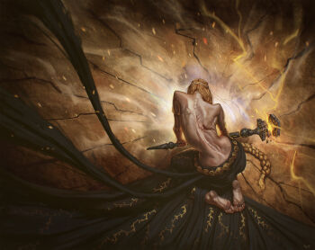 1girl absurdres armlet barefoot belt black_robe blonde_hair braid crack cracked_skin dariusz_kieliszek destruction elden_ring feet from_above full_body gold_armlet gold_belt highres jewelry long_hair marika's_hammer metal_belt queen_marika_the_eternal robe skinny soles solo