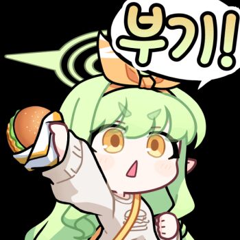 1girl acomu414 animated animated_gif bag blinking blue_archive burger food green_hair green_halo grey_sweater halo hikari_(blue_archive) hikari_(mom&#039;s_touch)_(blue_archive) holding holding_burger holding_food korean_text long_hair long_sleeves official_alternate_costume open_mouth pointy_ears shoulder_bag simple_background solo speech_bubble sweater thick_eyebrows translation_request transparent_background triangle_mouth upper_body v-shaped_eyebrows yellow_bag yellow_eyes