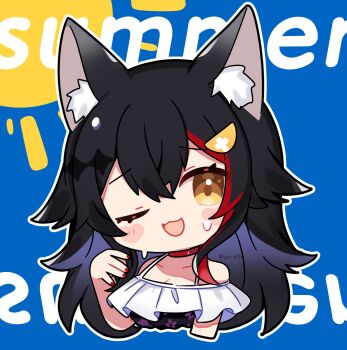 1girl :3 ;d animal_ear_fluff bikini black_bikini black_hair blue_background blush_stickers breasts chibi chibi_only choker cleavage collarbone commentary cropped_torso double-parted_bangs hair_between_eyes hand_up highres hololive hot kashiwase_karune long_hair looking_at_viewer multicolored_hair off-shoulder_bikini off_shoulder one_eye_closed ookami_mio open_mouth red_choker red_hair smile solo streaked_hair summer sweat swimsuit twitter_username virtual_youtuber yellow_eyes