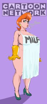 1girl alternate_ass_size alternate_body_size alternate_breast_size_(larger) apron arms_at_sides black_eyes breasts cartoon_network cigarette cleavage curvy dexter&#039;s_laboratory dexter&#039;s_mom earrings feet female_focus full_body gloves green_footwear groin high_heels highres huge_breasts jewelry legs looking_at_viewer mature_female naked_apron orange_hair plump pumps purple_background short_hair simple_background smoking solo standing stud_earrings thick_thighs thighs truth ultivlad yellow_gloves