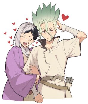 2boys arm_behind_head arm_wrap asagiri_gen bandaged_arm bandages black_hair blush closed_eyes closed_mouth coat cracked_skin dr._stone facial_mark gokigenaraiguma green_hair grey_hair hair_between_eyes heart ishigami_senkuu jacket long_sleeves male_focus multicolored_hair multiple_boys open_mouth red_eyes robe shirt short_hair simple_background smile spiked_hair sweatdrop tunic two-tone_hair white_background white_hair white_shirt yaoi