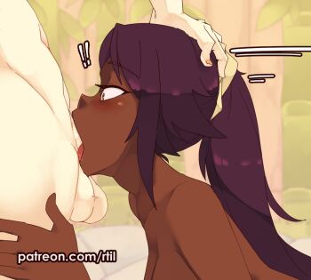 ! !! 1boy 1girl 2023 bamboo bleach blush breasts collarbone completely_nude dark-skinned_female dark_skin deepthroat fellatio hand_on_another's_head hand_on_another's_thigh hetero interracial large_breasts leaf long_hair motion_lines nude onsen oral paid_reward_available patreon_username penis ponytail profile purple_hair rtil shihouin_yoruichi surprised testicles tongue tongue_out yellow_eyes