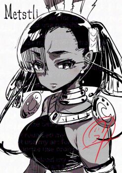 1girl bare_shoulders black_hair blunt_bangs character_name crescent dark-skinned_female dark_skin earrings feather_hair_ornament feathers hair_ornament hair_over_shoulder jewelry looking_at_viewer metstli neck_ring pungter signature sketch sonic_(series) sonic_and_the_blade_of_courage sun_symbol