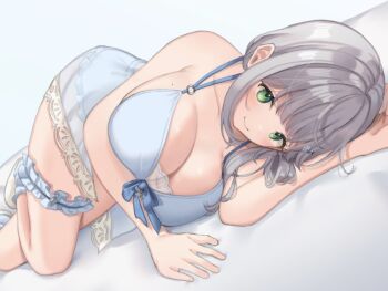 1girl babydoll bare_arms bare_shoulders blue_babydoll blue_shorts blush breasts cleavage closed_mouth dutch_angle frilled_thigh_strap green_eyes grey_hair hair_ornament hair_rings hairclip hololive kurotan_961 large_breasts looking_at_viewer lying medium_hair mole mole_on_breast official_alternate_costume official_alternate_hairstyle on_side one_side_up see-through_babydoll see-through_clothes shirogane_noel shirogane_noel_(9th_costume) shorts side_up_ring single_hair_ring slippers smile snowflake_hair_ornament solo thigh_strap virtual_youtuber white_slippers