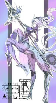 Rule 34 | 1girl, absurdres, artist name, breasts, centaur, commentary request, cyborg, floating hair, forehead protector, from side, full body, grey hair, hair between eyes, hair ornament, hand up, hashiridocoro, headgear, high-heeled mechanical legs, highres, holding, holding polearm, holding weapon, joints, long hair, mecha musume, mechanical arms, mechanical legs, mechanical tail, medium breasts, multiple legs, parted lips, polearm, profile, punishing: gray raven, rearing, robot joints, rosetta: arete (pgr), rosetta (pgr), see-through body, sidelocks, solo, spear, standing, tail, taur, thrusters, twintails, watermark, weapon