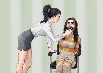 2girls absurdres arms_behind_back bdsm black_hair blush bondage bound brown_hair chair commentary_request gag high-waist_skirt high_ponytail highres improvised_gag kidnapped long_sleeves miniskirt multiple_girls office_lady ponytail puffy_long_sleeves puffy_sleeves real_life restrained root001 shirt sitting skirt smile tape tape_bondage tape_gag tied_to_chair wavy_hair white_shirt