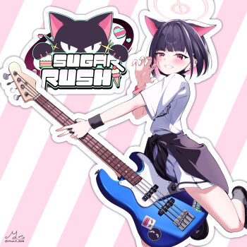1girl :d absurdres animal_ears bass_guitar black_hair black_shoes blue_archive blunt_bangs blunt_ends blush bob_cut bracelet cat_ears cat_girl claw_pose clothes_around_waist colored_inner_animal_ears colored_inner_hair commentary commentary_request dutch_angle earclip earrings english_text extra_ears fingernails full_body grey_socks grin guitar hair_behind_ear hair_ornament hairclip halo hand_up happy heart highres holding holding_guitar holding_instrument instrument jewelry kazusa_(band)_(blue_archive) kazusa_(blue_archive) kneeling looking_at_viewer miniskirt multicolored_hair multiple_bracelets multiple_rings muu3_illust official_alternate_costume open_mouth outline pink_background pink_hair pink_halo pleated_skirt red_eyes ring shirt shoes short_hair short_sleeves signature simple_background skirt slit_pupils smile socks solo striped_background stud_earrings t-shirt tsurime twitter_username two-tone_background two-tone_hair v white_background white_outline white_shirt white_skirt