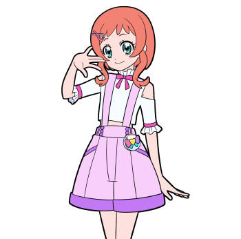 1girl absurdres aqua_eyes bare_shoulders buttons closed_mouth clothing_cutout commentary cowboy_shot cropped_shirt dot_nose frilled_shirt frilled_sleeves frills hair_ornament hairclip hand_up heart heart_hair_ornament highres inukai_iroha legs_together looking_at_viewer masami_01st midriff neck_ribbon orange_hair pact_holder pink_ribbon pouch precure purple_shorts ribbon shirt short_hair_with_long_locks short_sleeves shorts shoulder_cutout simple_background smile solo standing suspender_shorts suspenders waving white_background white_shirt wonderful_pact wonderful_precure!